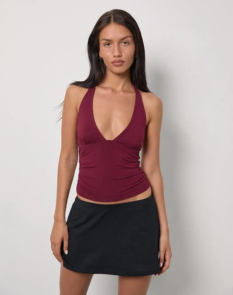 Cosmo Halterneck Top In Jersey Burgundy 1