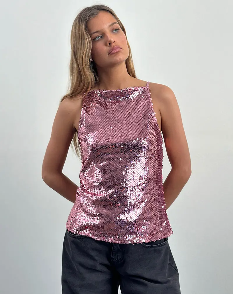Damske Vest Top In Pink Sequin 1