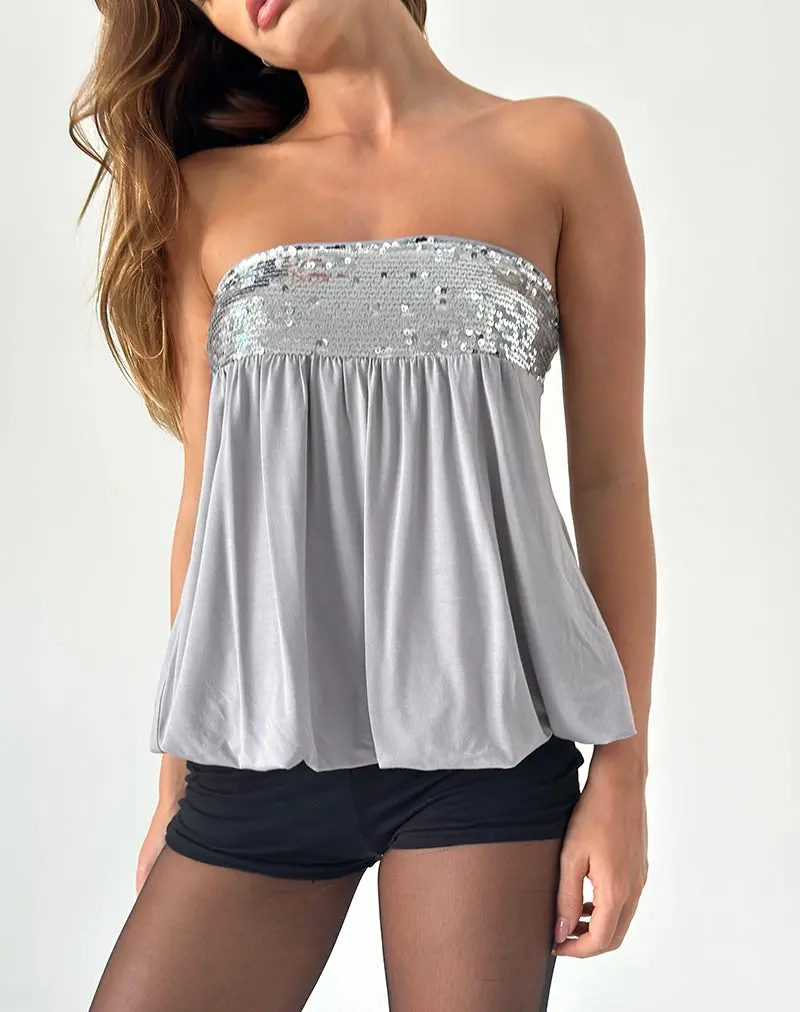 Danuta Longline Bandeau Top In Sequin Grey 1