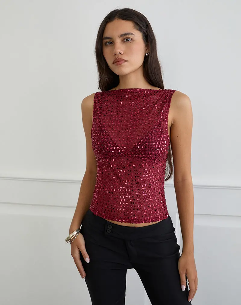 Dudley Vest Top In Sequin Knit Burgundy 1