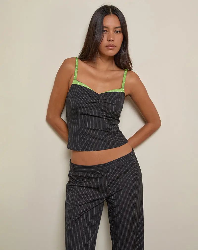 Elsa Top In Pinstripe Black With Green Binding 1
