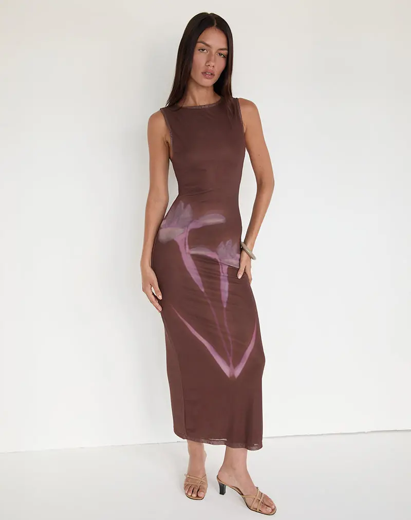 Fayola Maxi Dress In Blurred Floral Print Brown 1