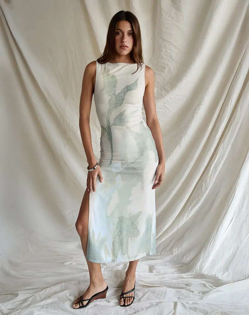 Flo Midi Dress In Abstract Painted Flower Blue 1