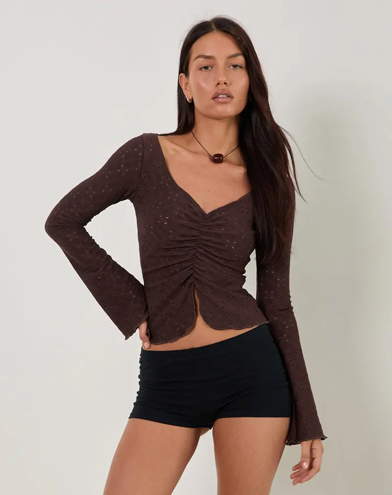 Flonne Ruched Top In Stretch Broderie Brown 1