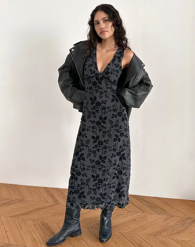 Gabriela Midi Dress In Vine Flocked Floral Ocean Storm 1