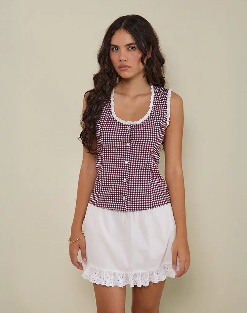 Gronita Blouse In Mini Gingham Wine With White Lace 1