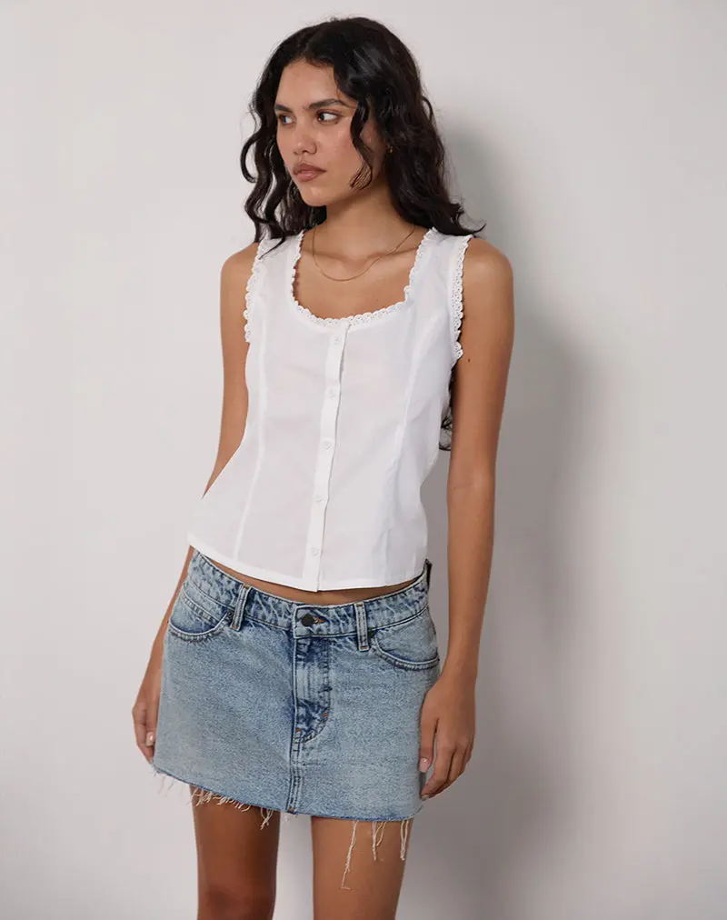 Gronita Top In Poplin White With Broderie Trim 1