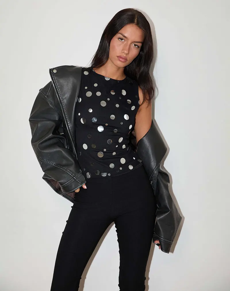 Hala Top In Black With Silver Polka Dot Foil 1