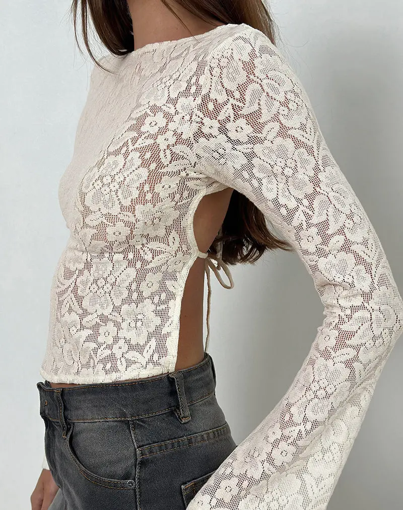 Halfi Long Sleeve Top In Hibiscus Crochet Lace Ivory 1