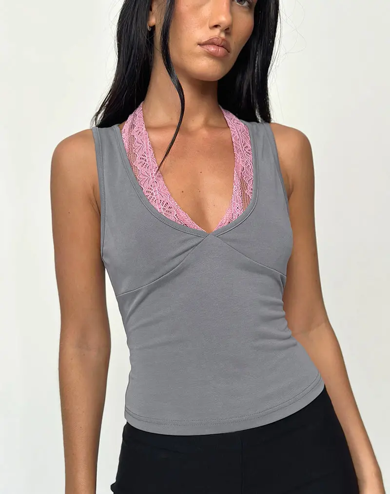 Helma Halterneck Top In Grey With Pink Lace 1