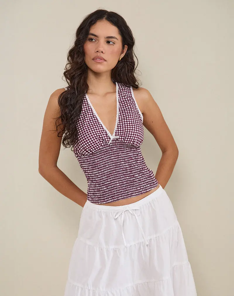 Hevalis Plunge Top In Mini Gingham Wine 1