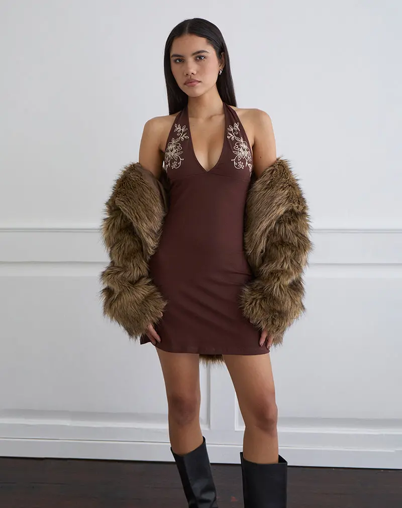 Hepzhi Mini Dress In Bitter Chocolate With Floral Embroidery 1