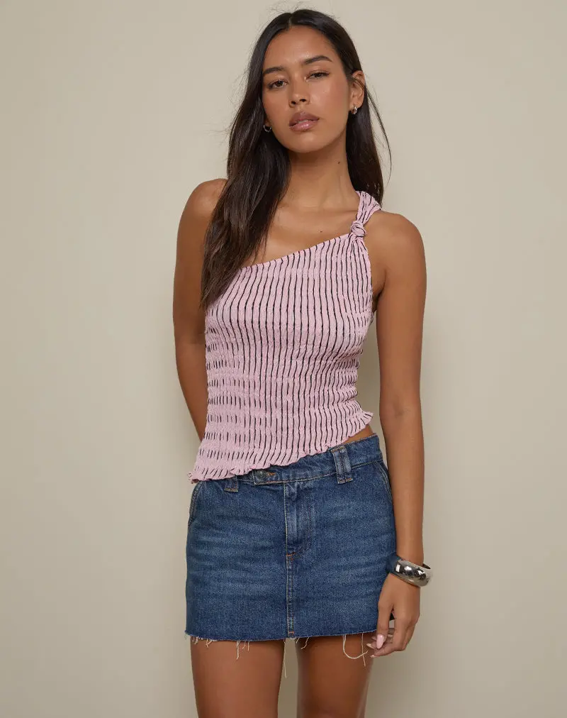 Idari One Shoulder Top In Stripe Textured Mesh Soft Pink 1