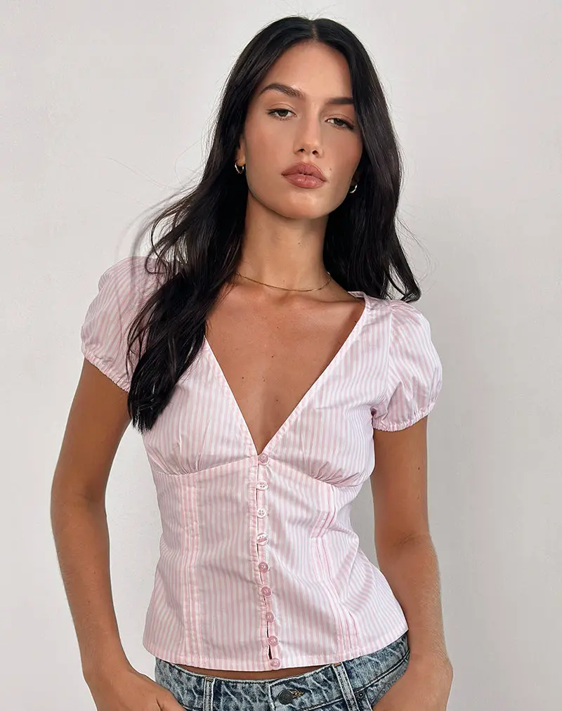 Inasha Top In Candy Pink Small Vertical Stripe 1