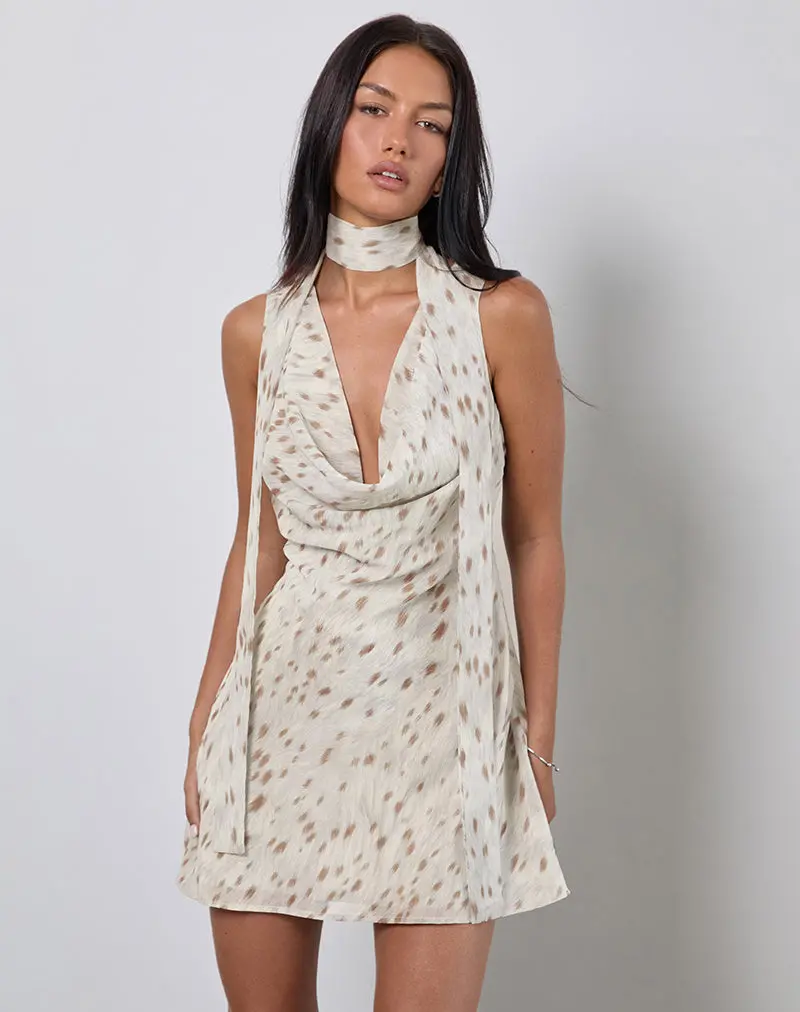 Jenat Mini Dress In Ivory Bambi Print With Scarf 1
