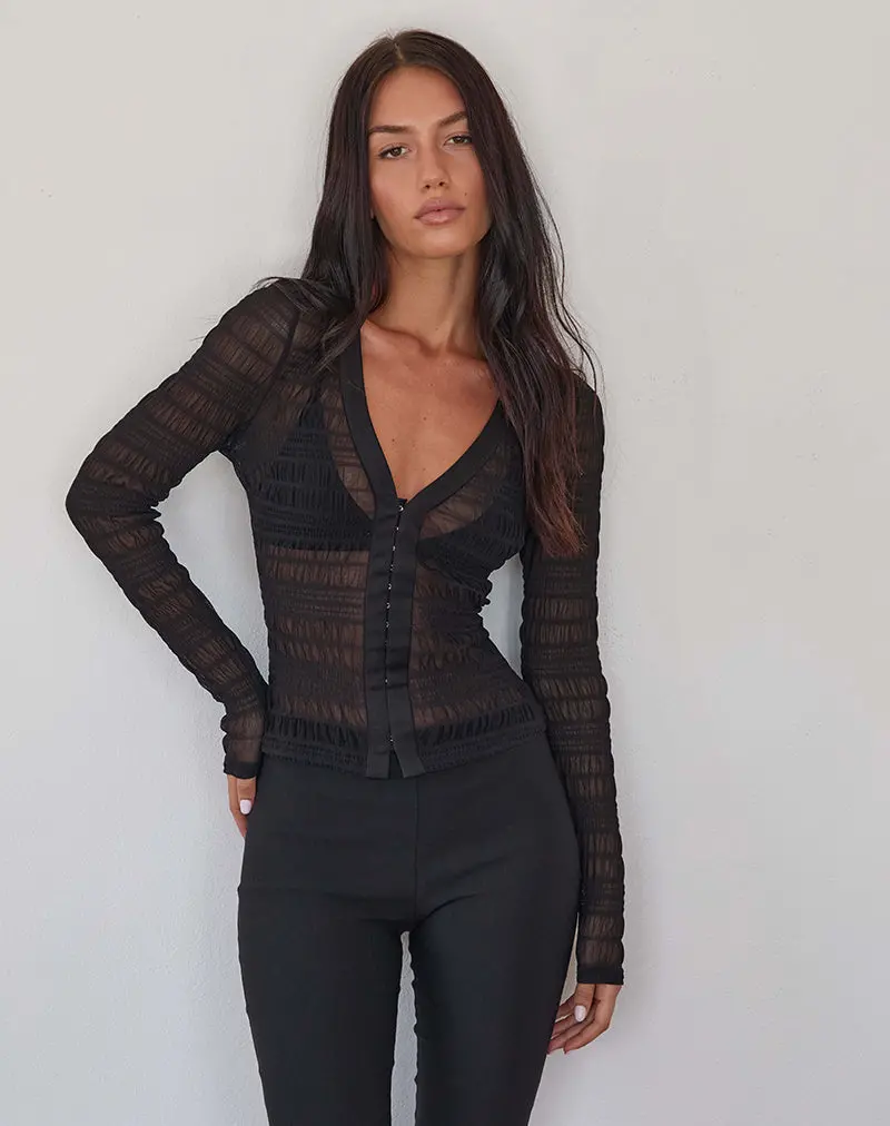 Jichan Ruched Long Sleeve Top In Mesh Black 1