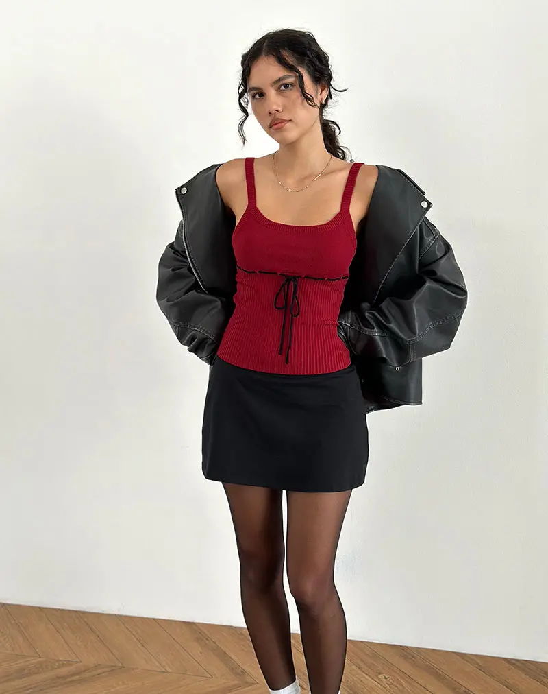Joanie Rib Cami Top In Red With Black Tie 1