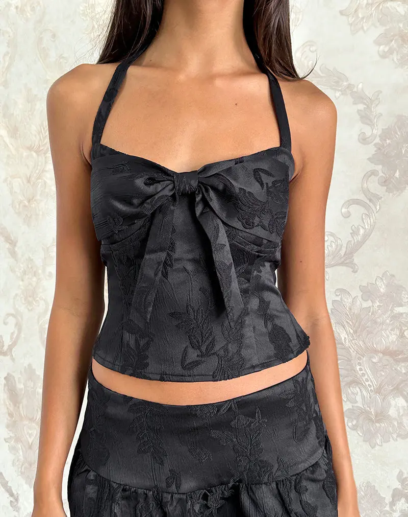 Kampi Halter Top In Satin Jacquard Black 1