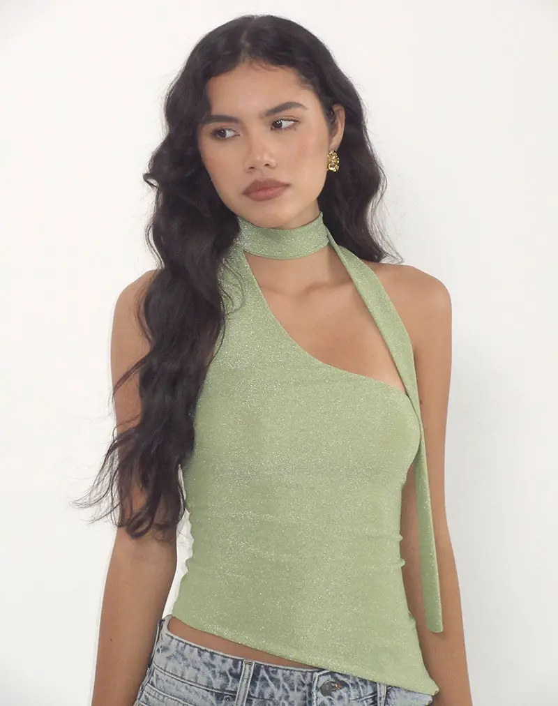 Karasi Tie Neck Top In Shimmer Lurex Green 1