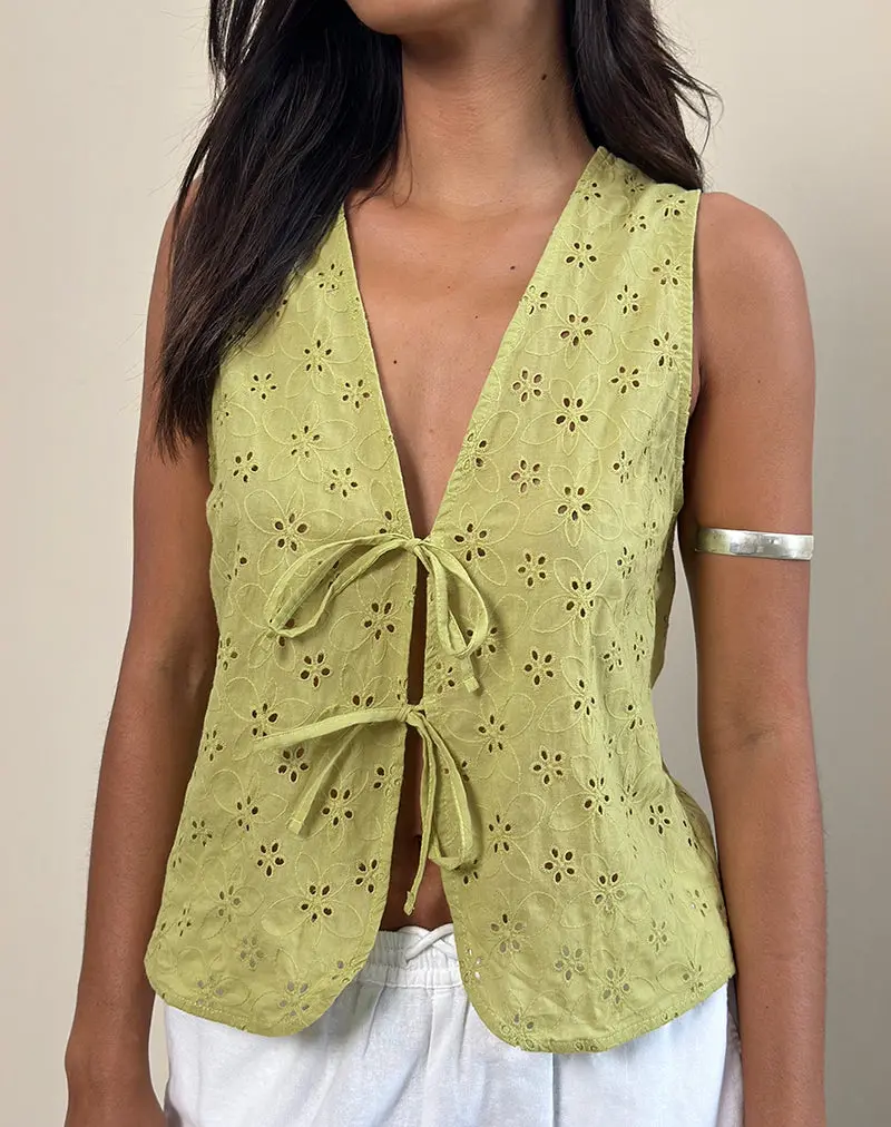 Kayve Tie-Front Top In Little Daisy Broderie Lime 1