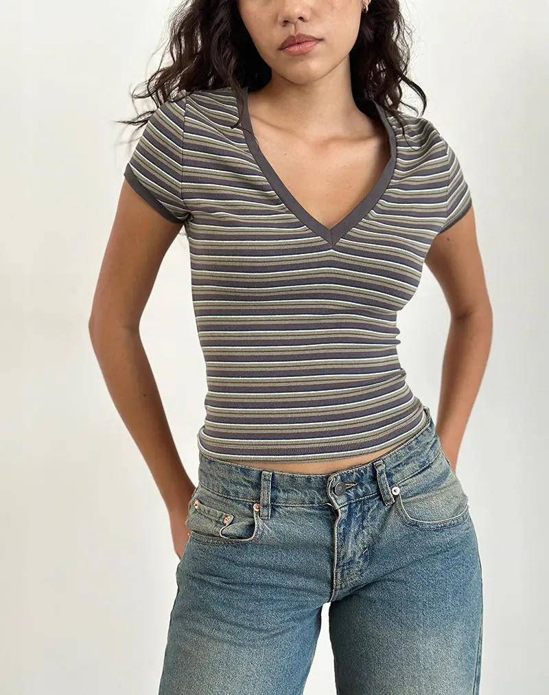 Keiko Top In Stripe Jersey Brown Army 1