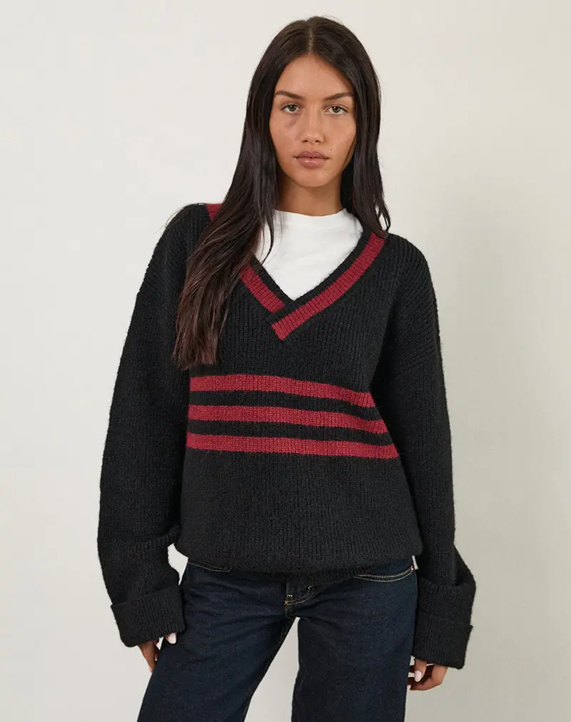 Knitza Jumper In Black With Red Stripes 1