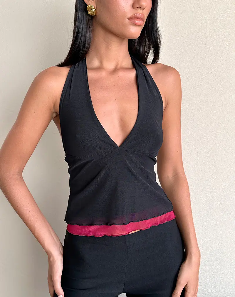 Kubra Halterneck Top In Mesh Black And Red 1