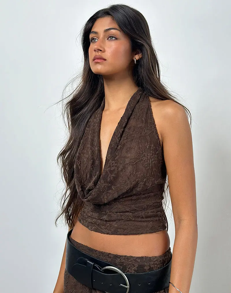 Kylo Halter Top In Jacquard Knit Dark Brown 1