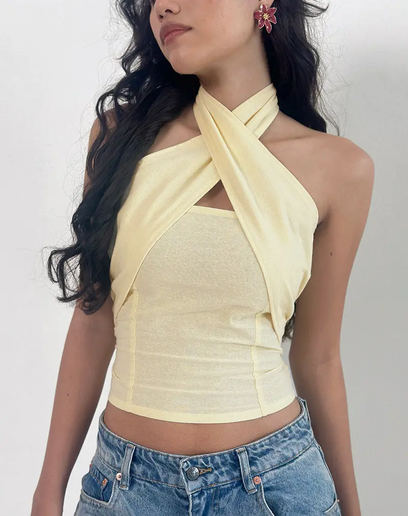 Lasy Linen Wrap Halterneck Top In Lemon 1