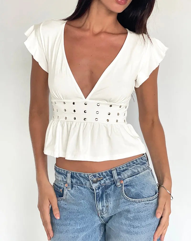 Leisma Frill Top In Jersey White With Studs 1