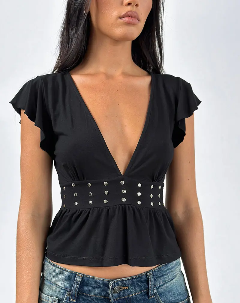 Leisma Frill Top In Jersey Black With Studs 1