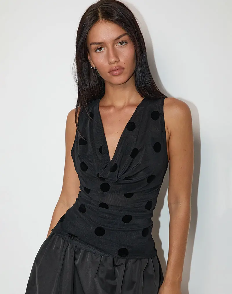 Losa Cowl Neck Top In Big Polka Flock Black 1