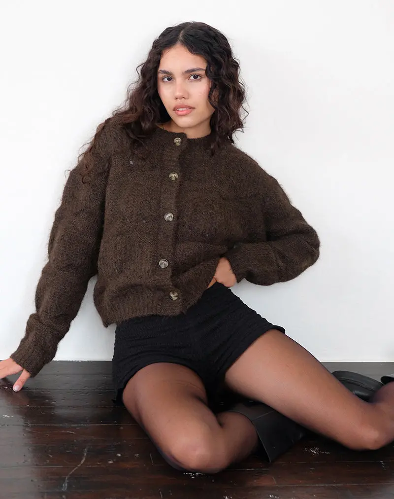 Luciana Textured Knit Cardi In Dark Brown 1