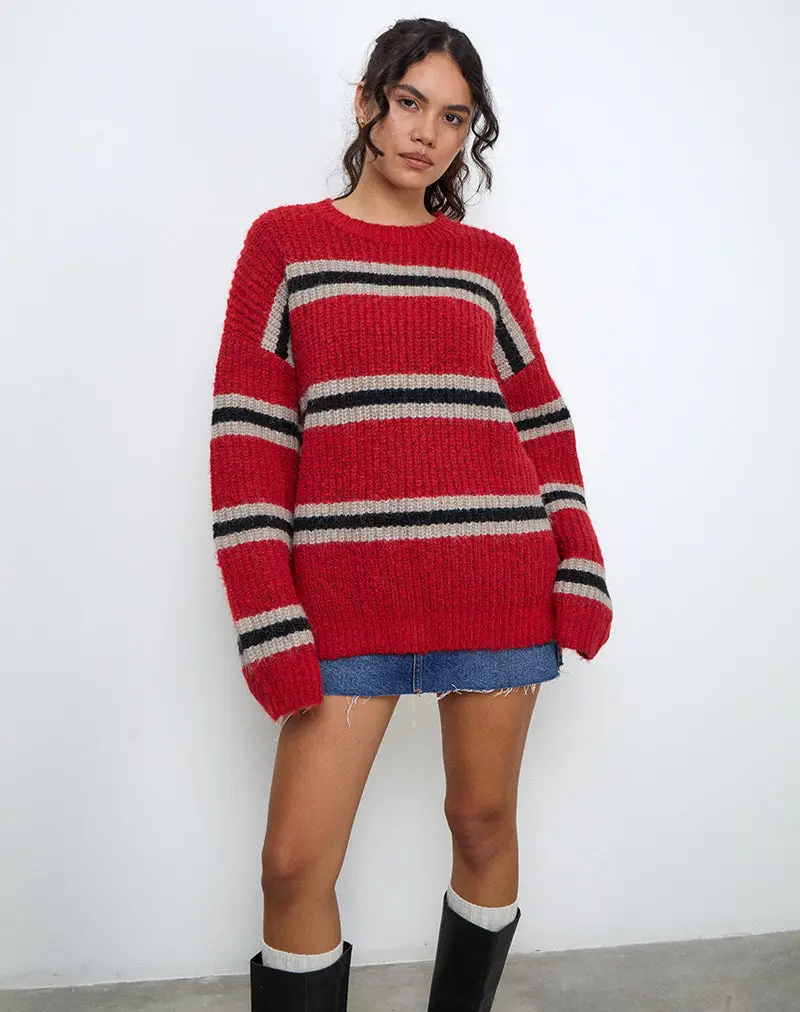 Lunet Knitted Jumper In Red And Black Stripe 1
