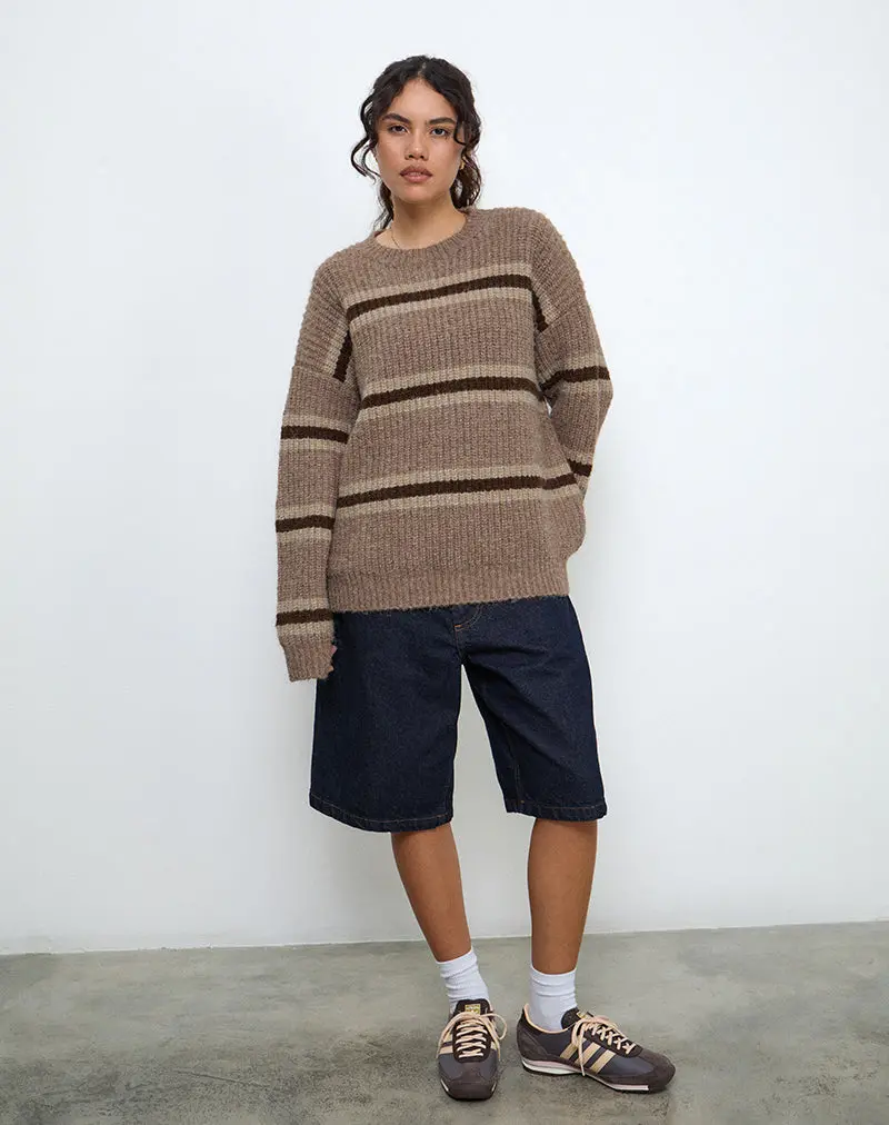 Lunet Knitted Jumper In Stripe Tonal Brown 1