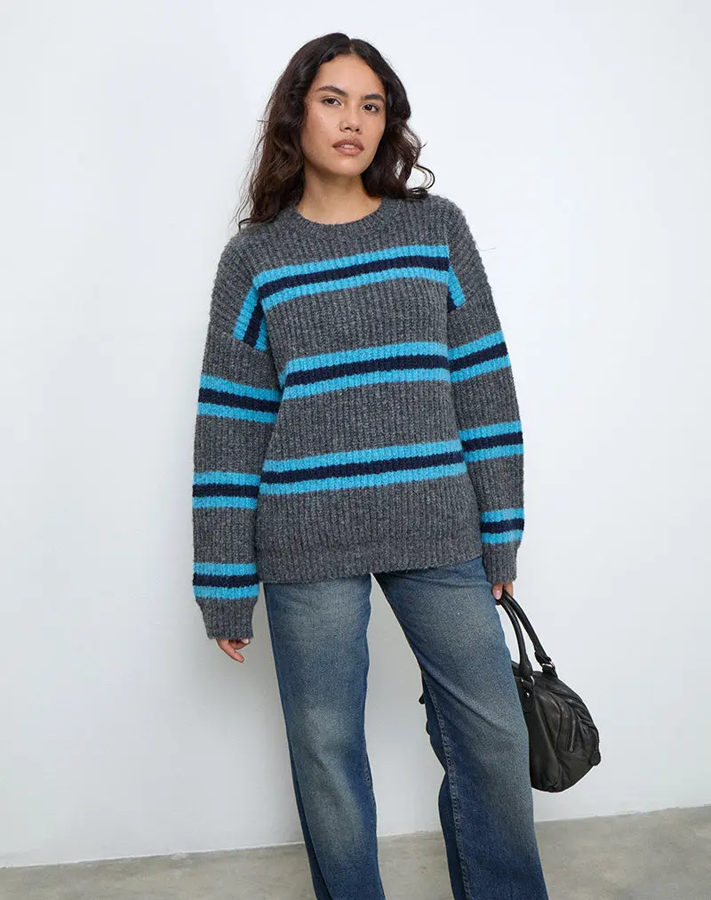 Lunet Knitted Jumper In Stripe Grey And Blue 1