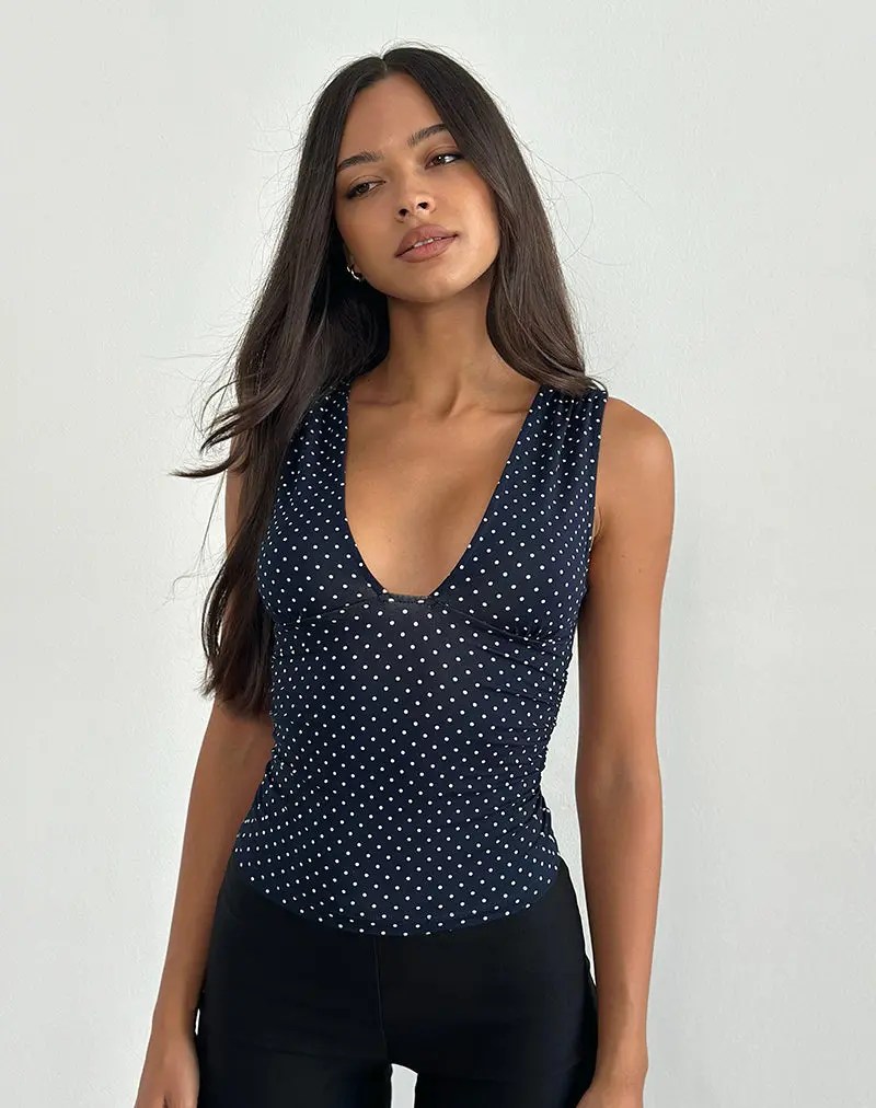 Lycia Plunge Top In Micro Polka Navy 1