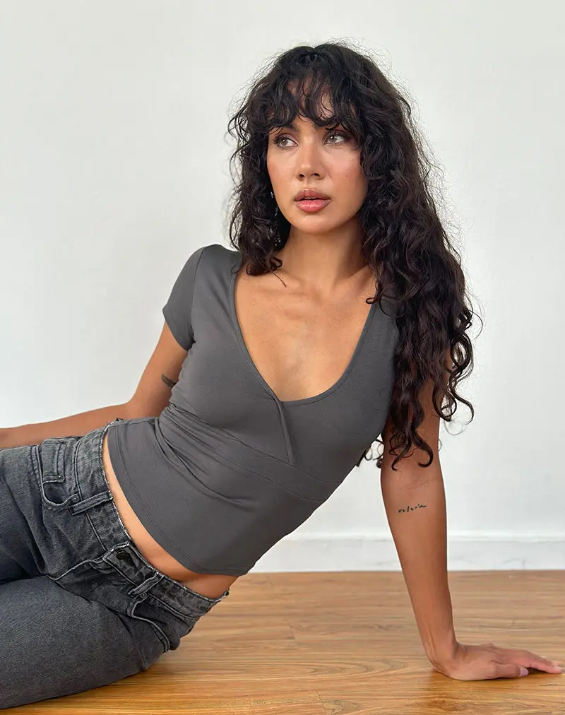 Machiko Plunge Wrap Top In Charcoal Grey 1