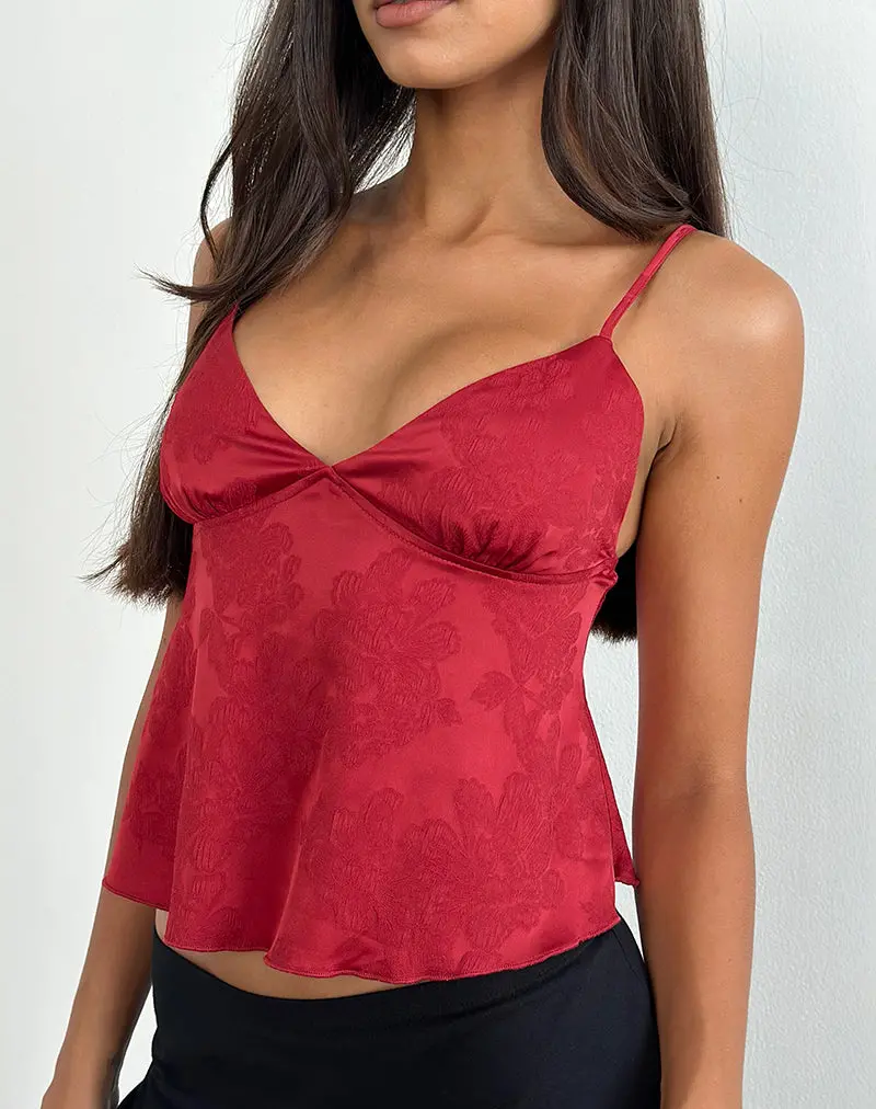 Marinda Top In Satin Jacquard Burgundy 1