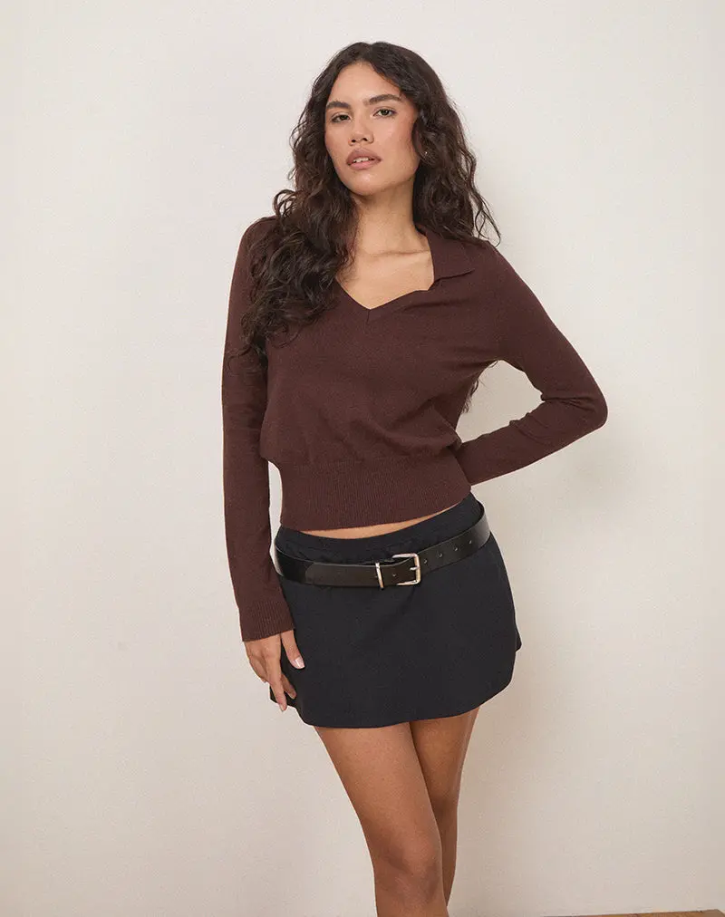 Maryse Long Sleeve Knitted Top In Brown 1