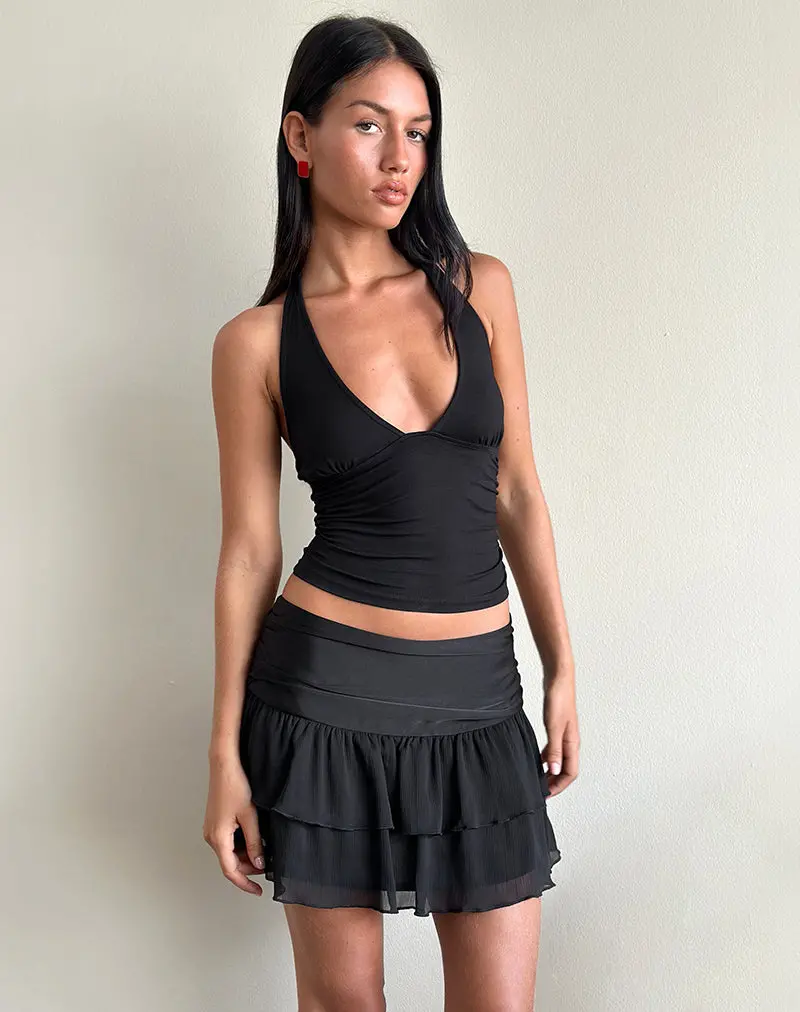 Masama Frill Mini Skirt In Black Satin And Chiffon 1