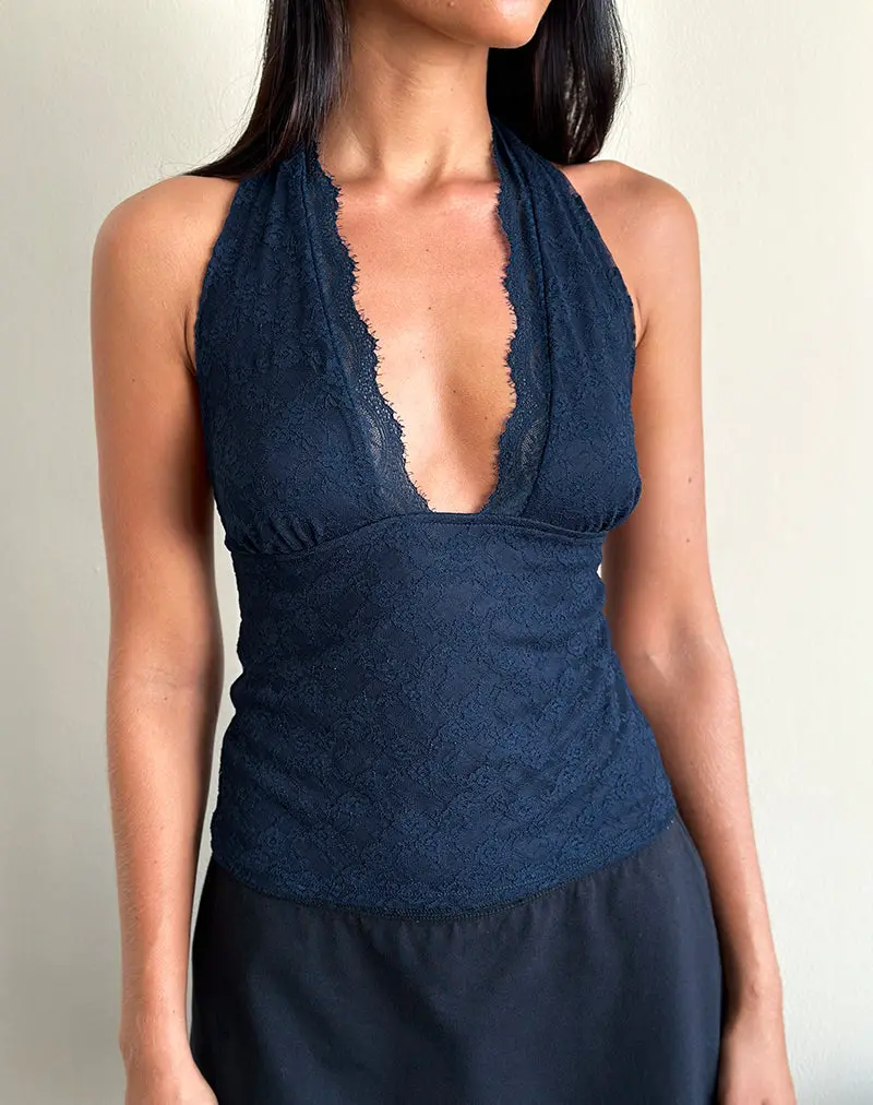 Matua Halter Top In Clover Lace Navy 1