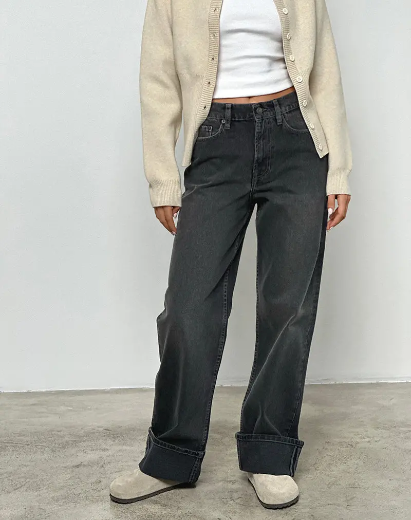 Mid Rise Turn Up Straight Jeans In Washed Black Grey 1