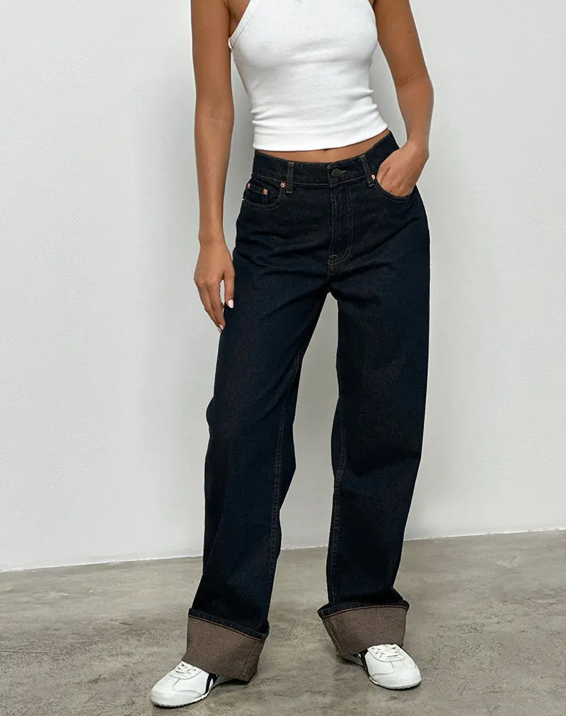 Mid Rise Turn Up Straight Jeans In Indigo 1