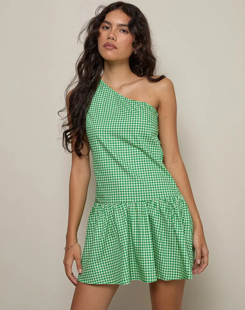 Munasa One Shoulder Mini Dress In Mini Gingham Green 1