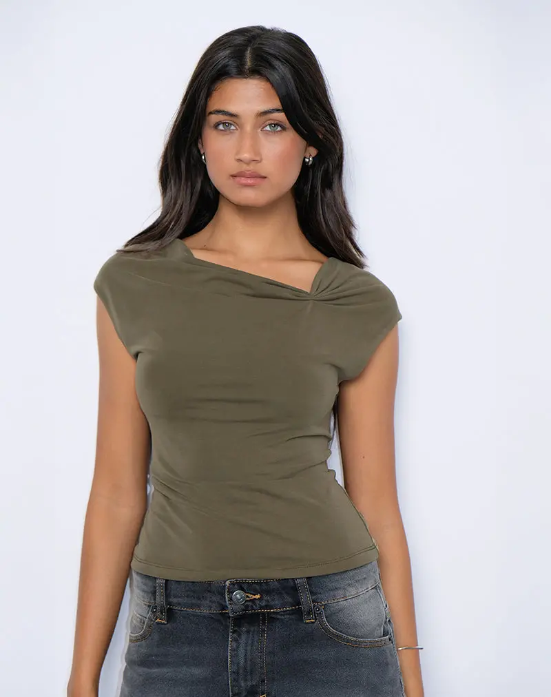Nadja Gathered Neck Top In Cupro Khaki 1