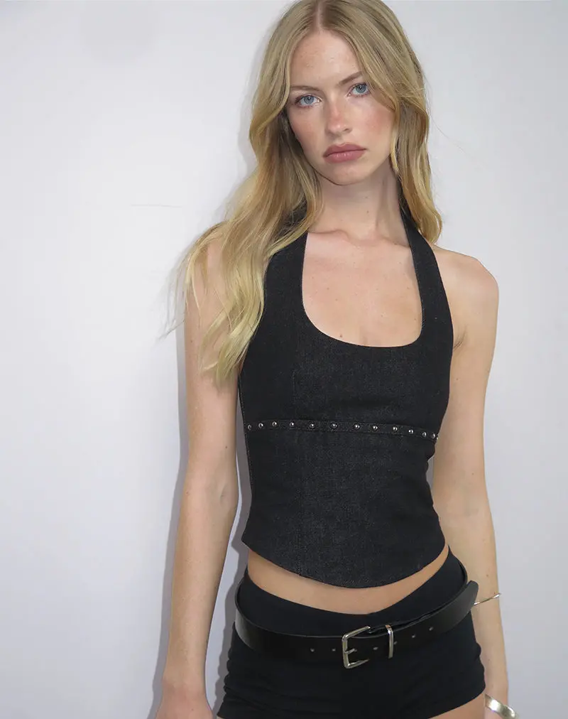 Nasya Halter Top In Chambray Studs Black 1