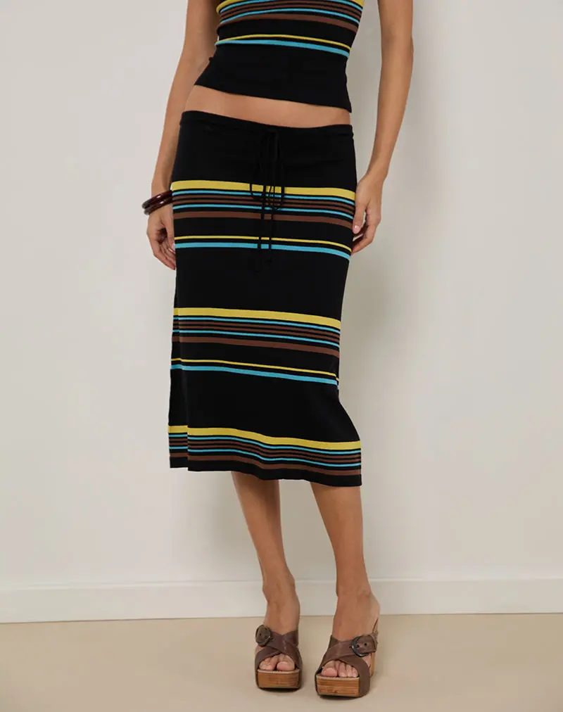 Amalia Midi Skirt In Black With Brown And Blue Stripes 1