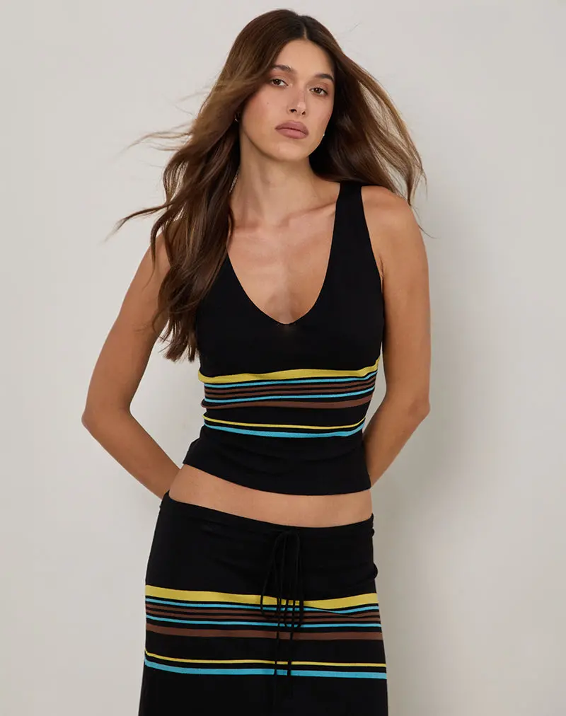 Natcha Vest Top In Black With Brown And Blue Stripes 1