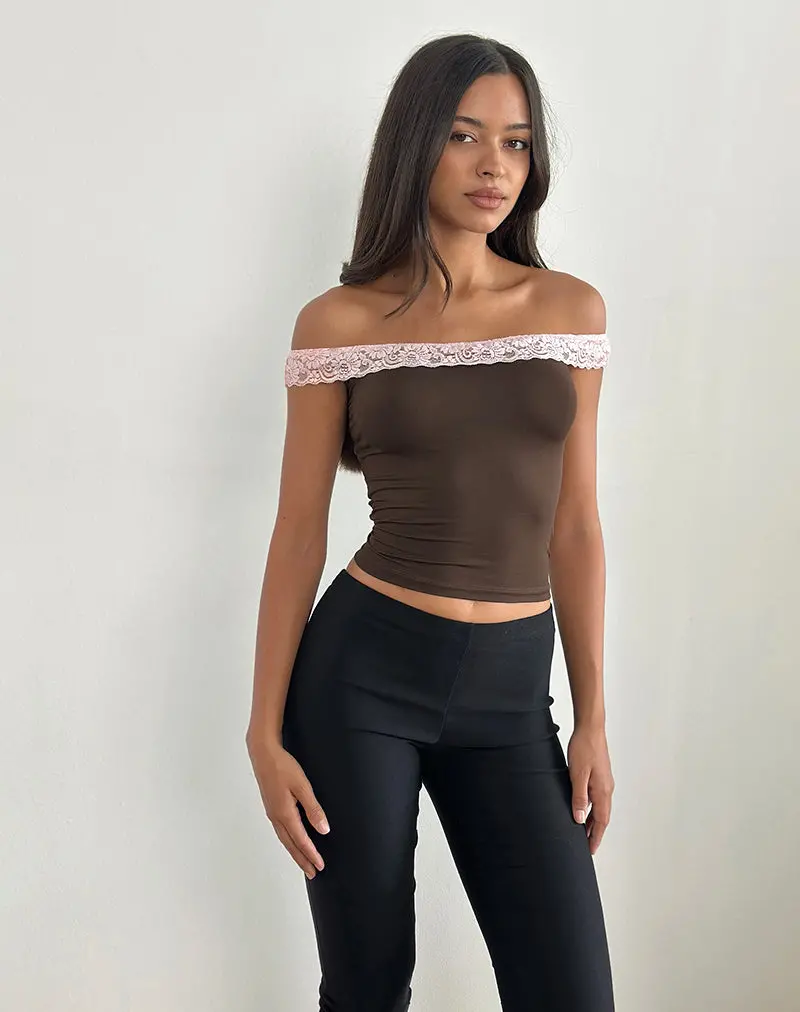 Nesel Top In Brown Slinky Lace Pink 1